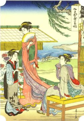 image of Japanese wood block print showing woman in kimono